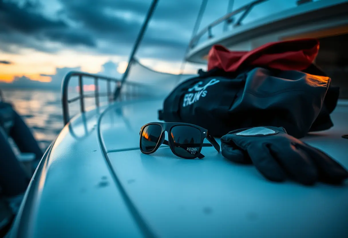 Personal gear laid out on a charter boat deck before a trip