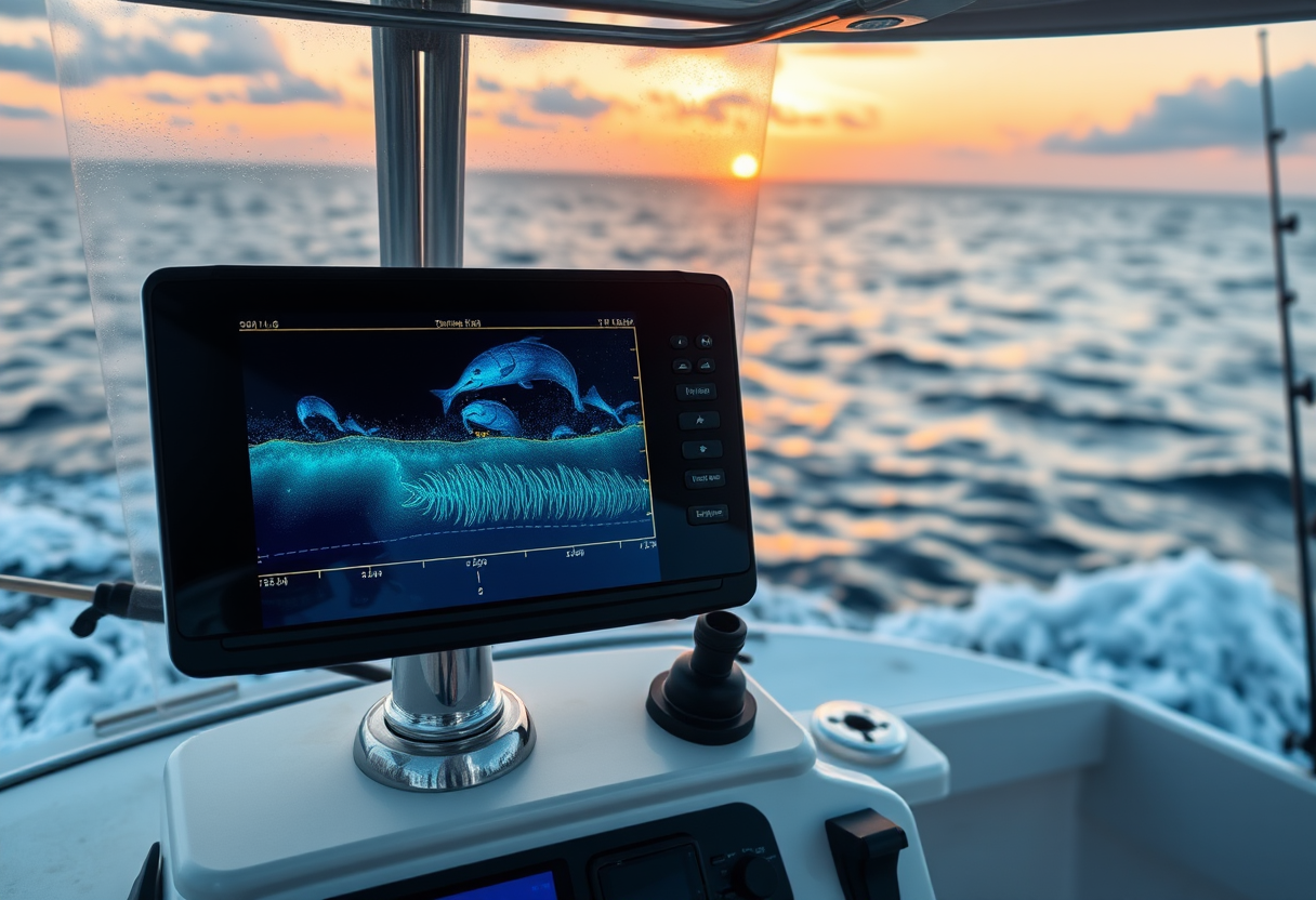 Chartplotter showing an offshore temperature break and bait arches