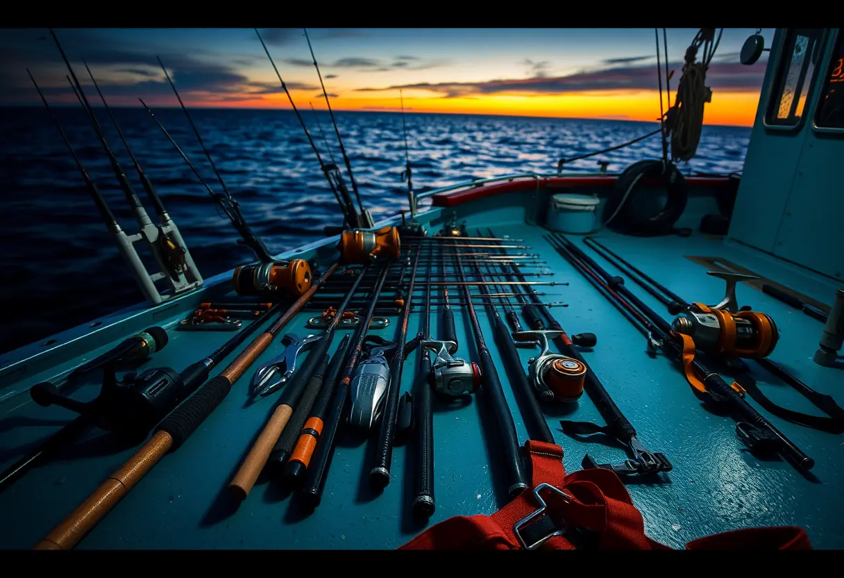 Offshore fishing gear laid out on a boat deck at dawn