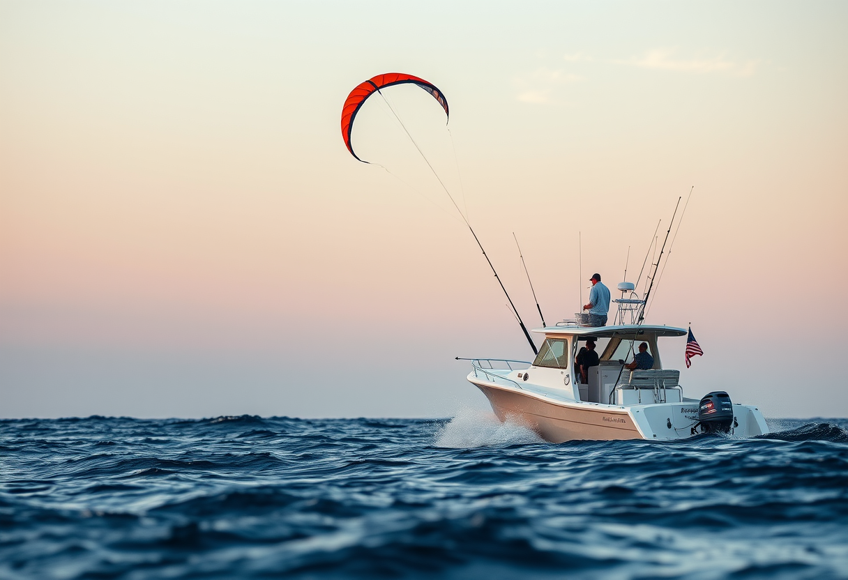 Offshore fishing kite high above a sportfishing boat with baits skipping