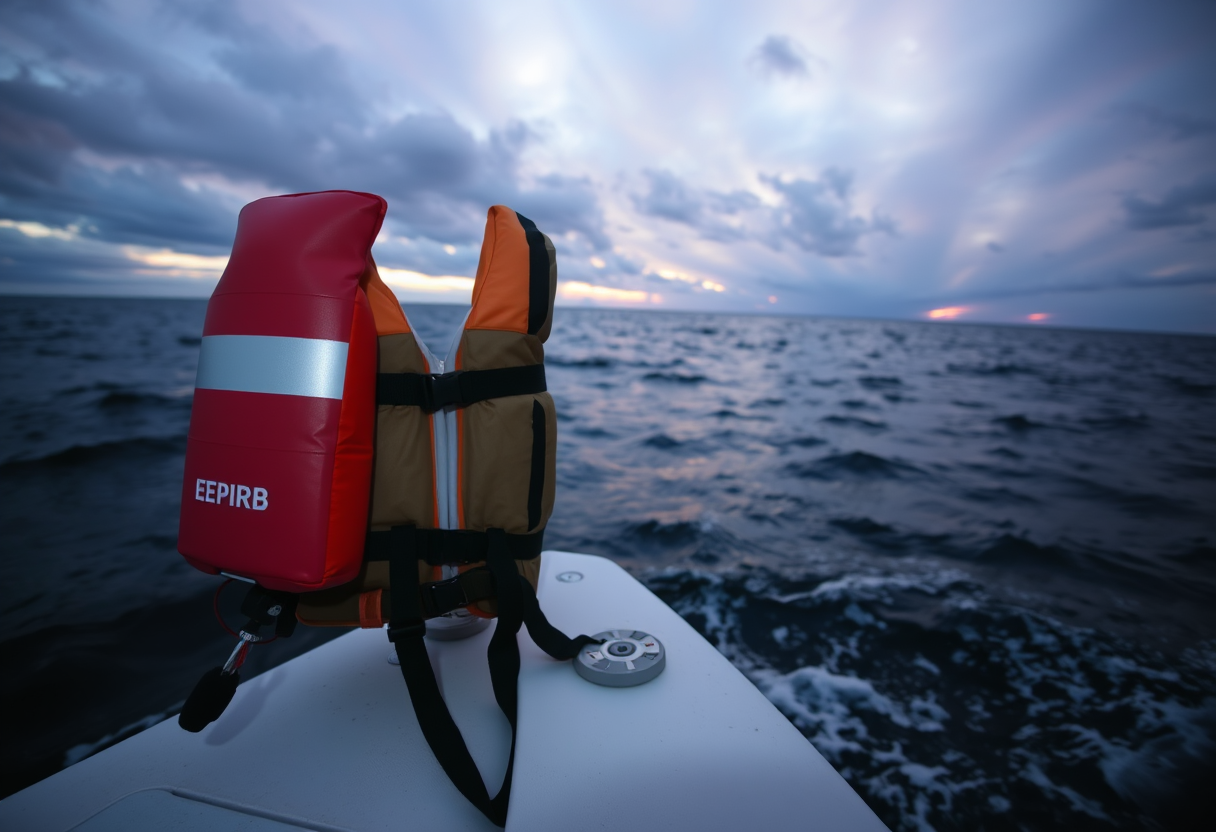 Inflatable PFD and EPIRB mounted on a boat gunwale offshore