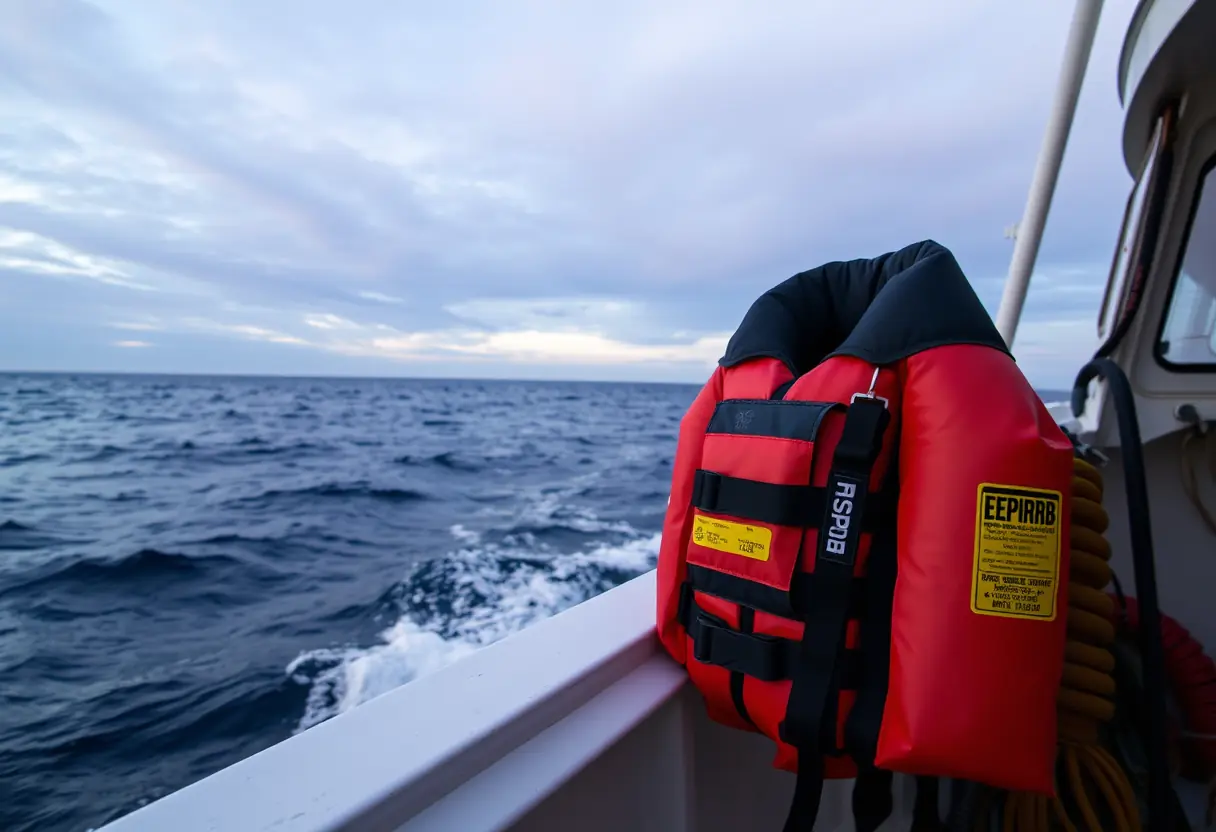 Inflatable PFD and EPIRB mounted on a boat gunwale offshore