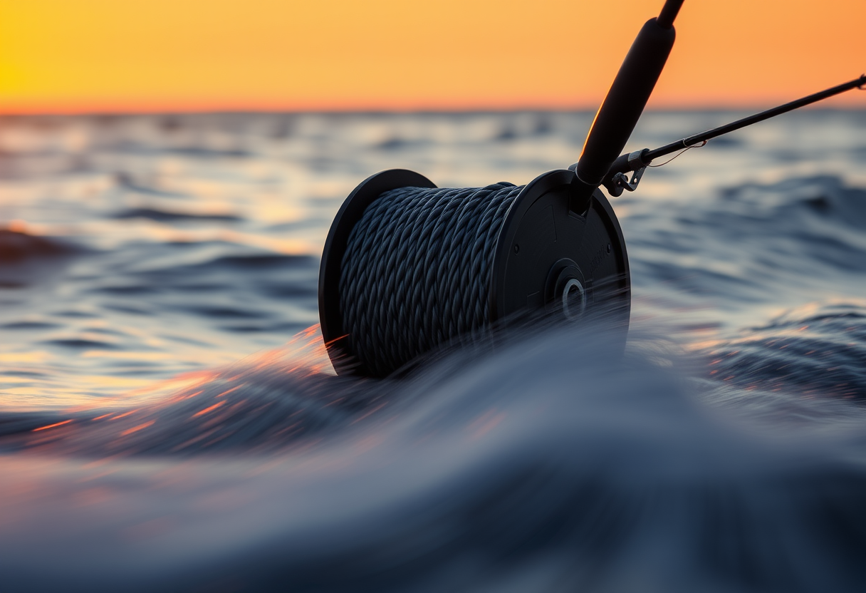 Braided fishing line peeling off a spool backlit by sunrise