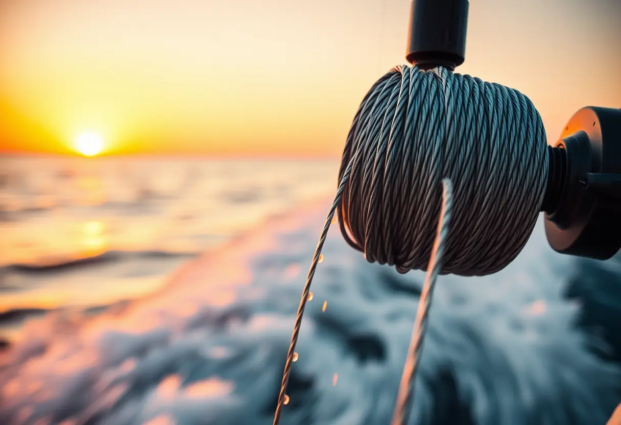 Braided fishing line peeling off a spool backlit by sunrise