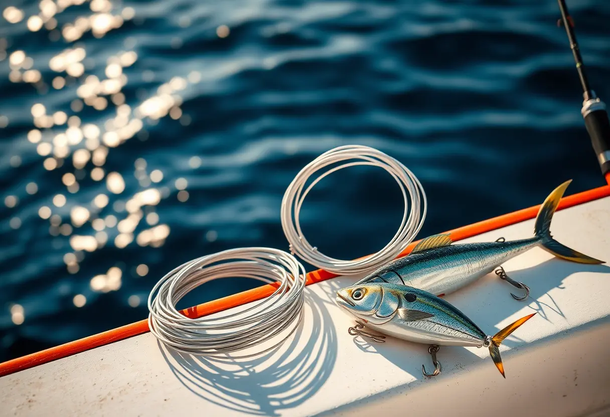 Coils of wire leader material next to a wahoo boatside