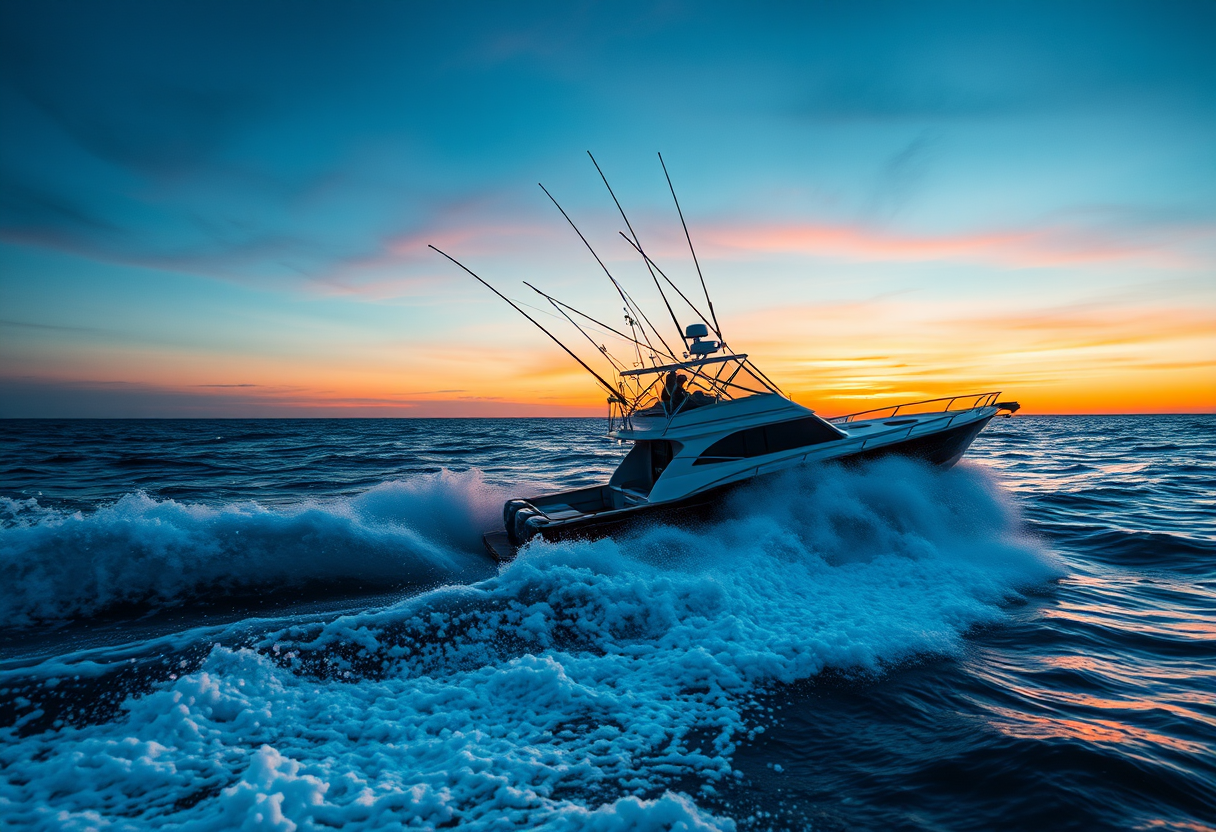 Sportfishing boat running through open ocean at dawn