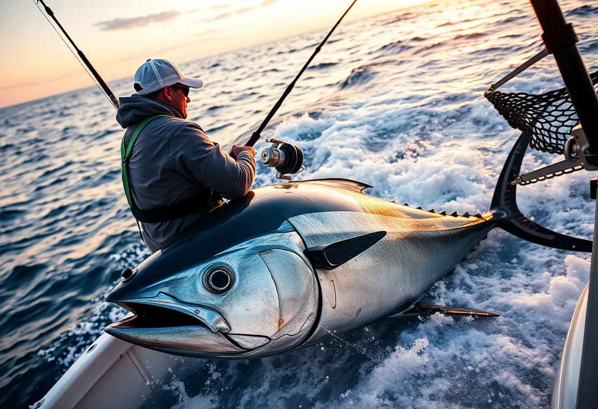 Offshore trolling spread under strain with a two-speed reel and a bluefin tuna boatside