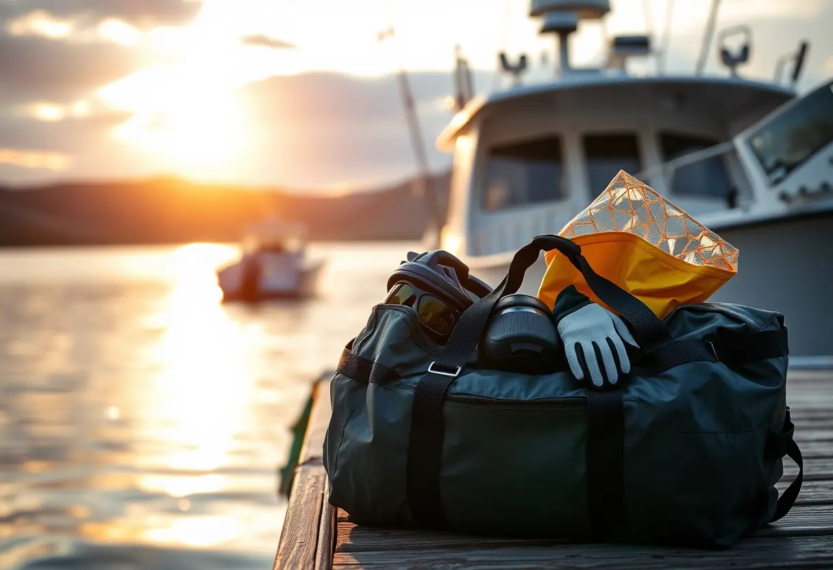 Personal gear bag packed for a charter fishing day at the dock