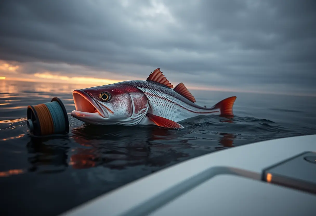 Bull redfish tailing in shallow amber flats water with braid and leader spread on a skiff deck