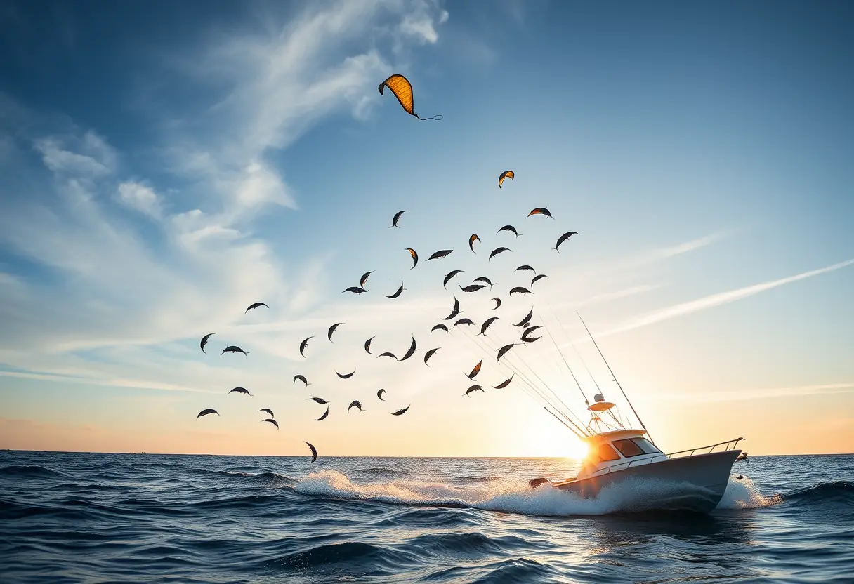 A fishing kite flying above a sportfishing boat with a sailfish crashing the surface